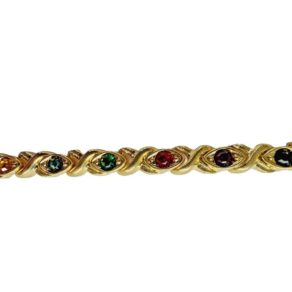 Vintage Blanca Gold Tone Jewel Tone Rhinestone XO Tennis Bracelet USA Marked